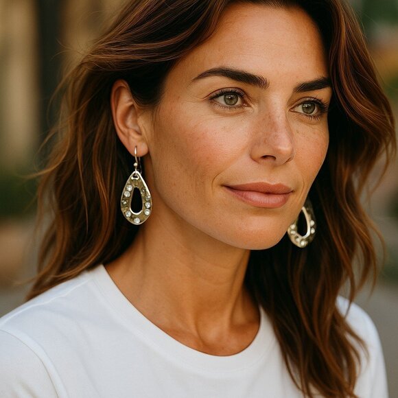 J. Jill Hammered Teardrop Cutout Earrings Silver Tone Crystal Dangle Boho Chic - Picture 3 of 10